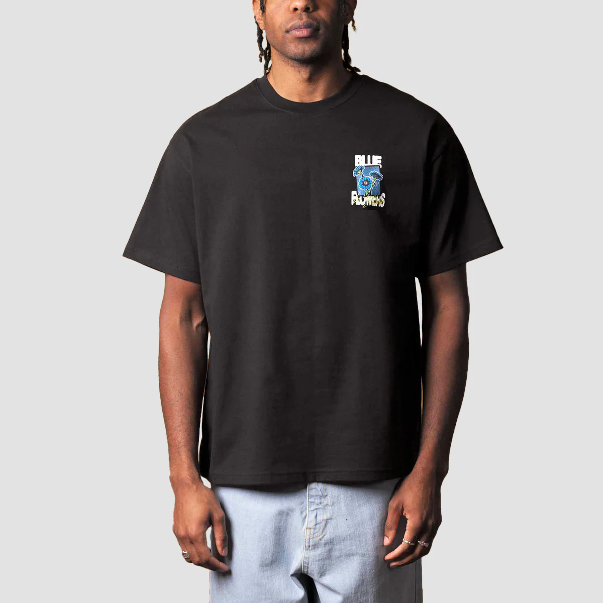 Blue Flowers In Bloom T-Shirt Black - Image 2