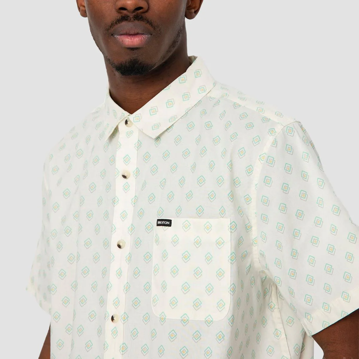 Brixton Charter Print Short Sleeve Shirt Off White/Jade Geo - Image 2