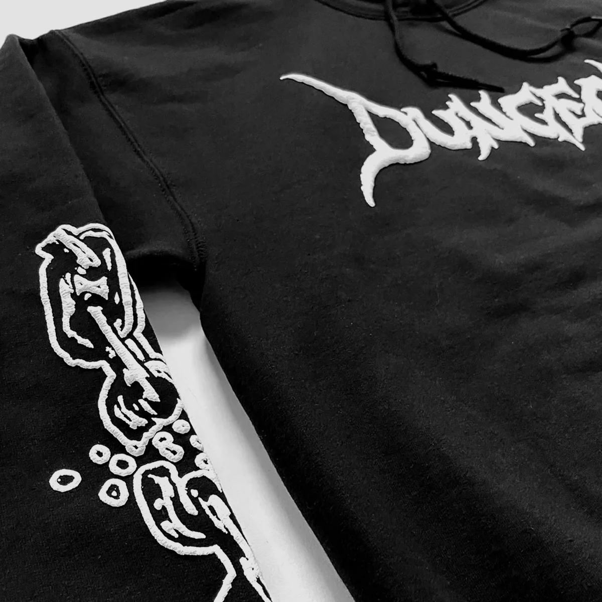 Dungeon Break The Chain Logo Pullover Hoodie Black/White Puff Print - Image 2