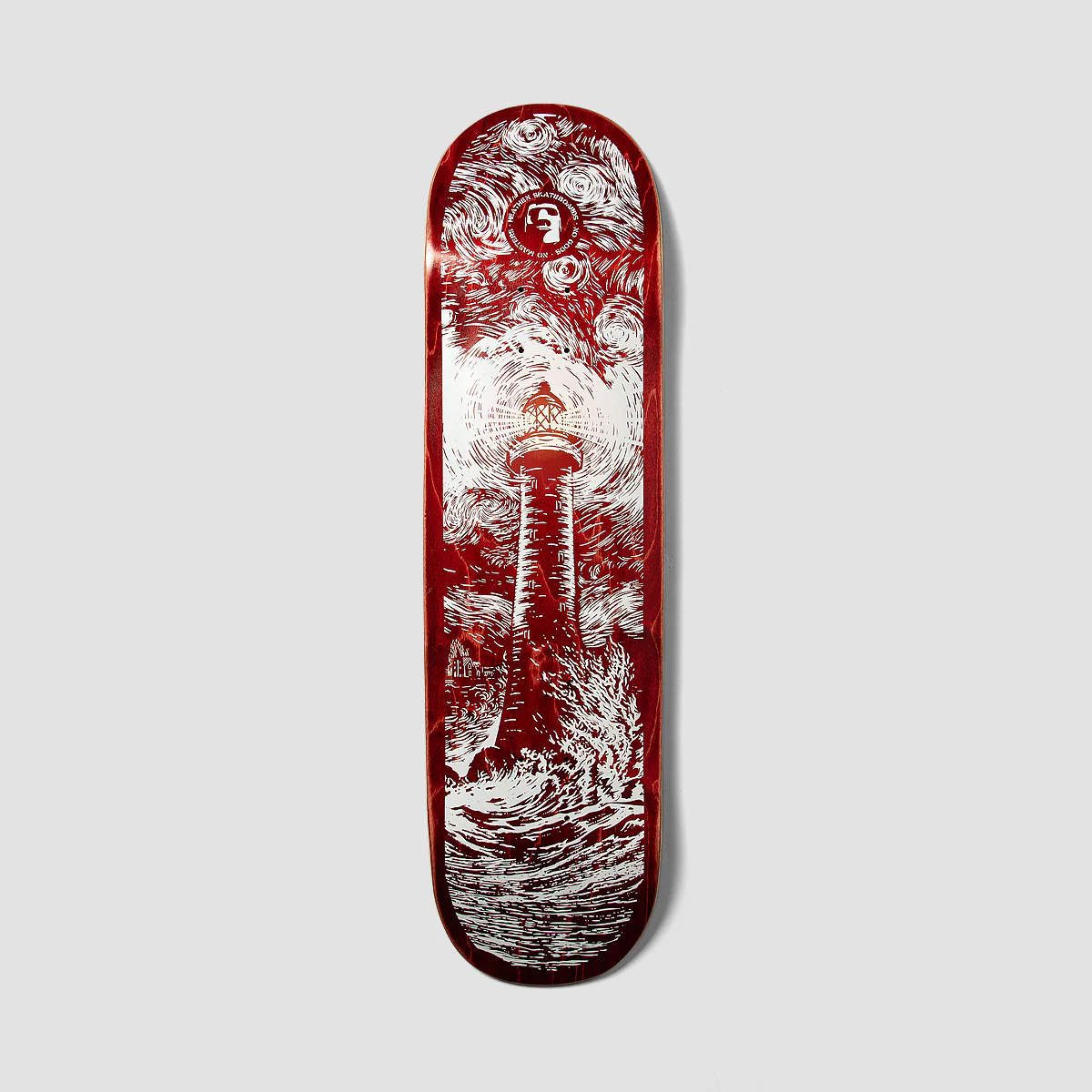 Heathen Lighthouse On Squarehead Skateboard Deck Red/White - 8.5"