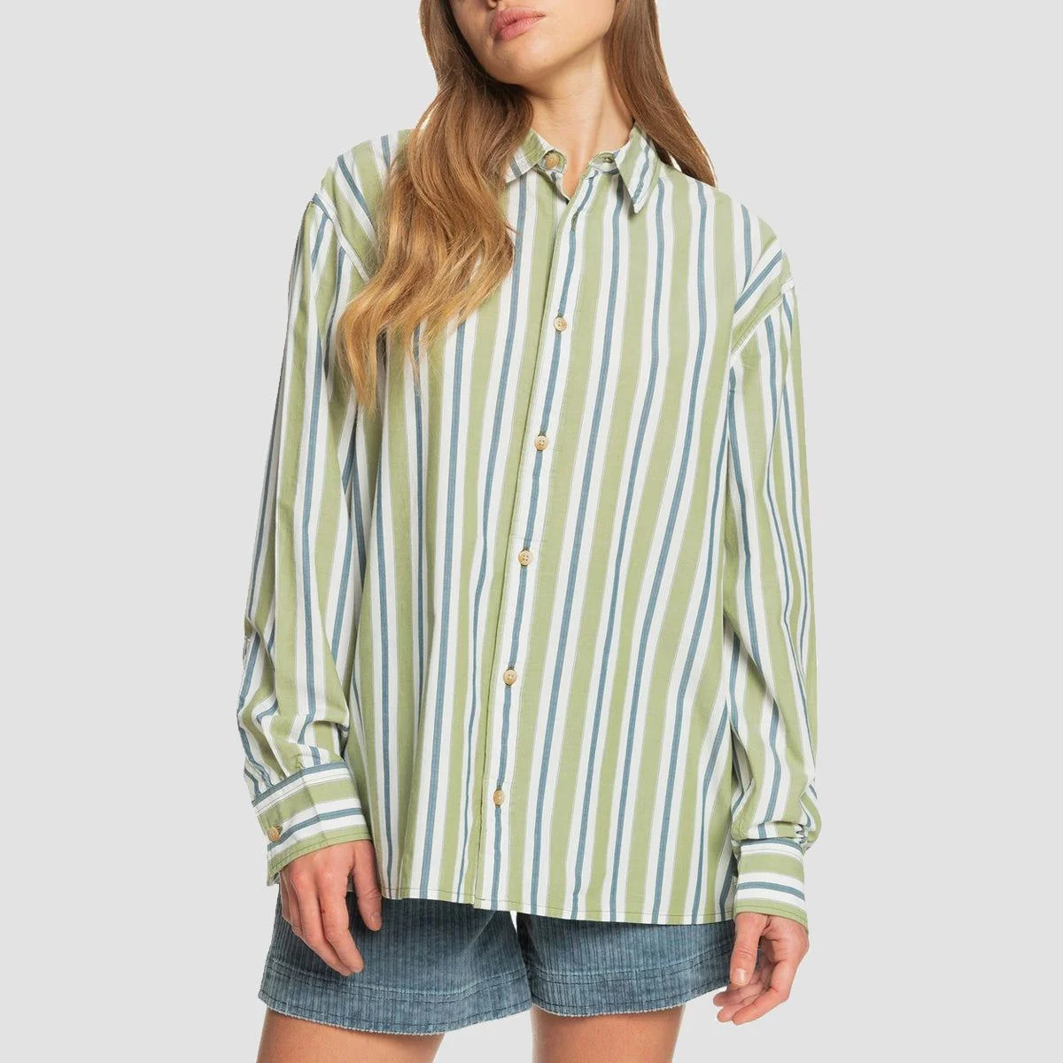 Quiksilver Ride The Sun Longsleeve Shirt Calliste Green Boyfriend Stripe - Womens